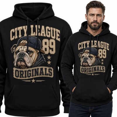 Bluza męska z kapturem z buldogiem „City League 89” - sportowy styl retro