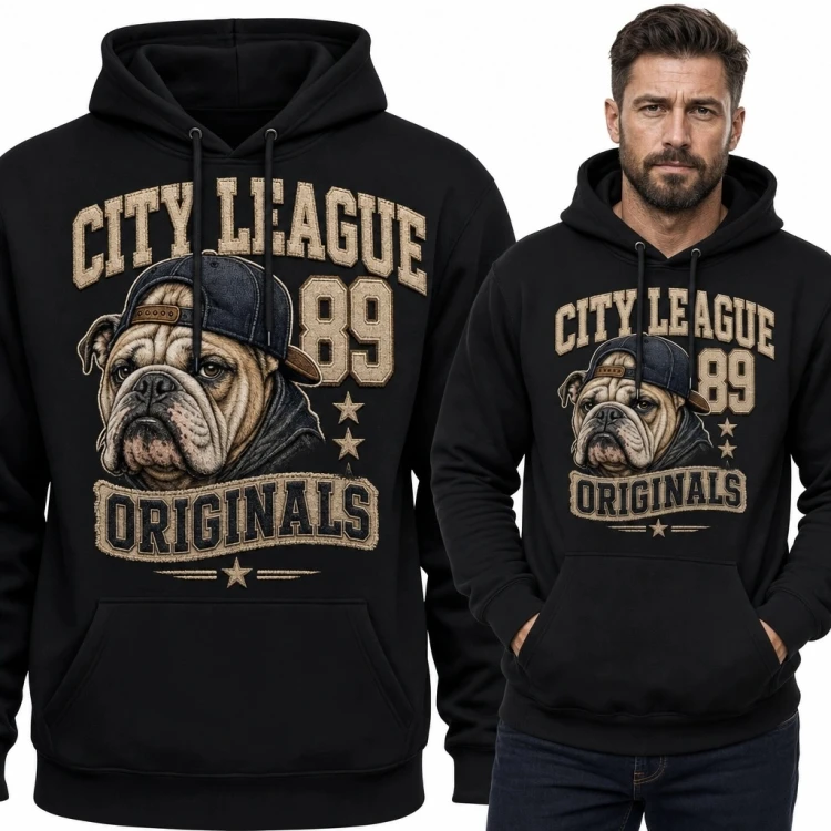 Bluza męska z kapturem z buldogiem „City League 89” - sportowy styl retro