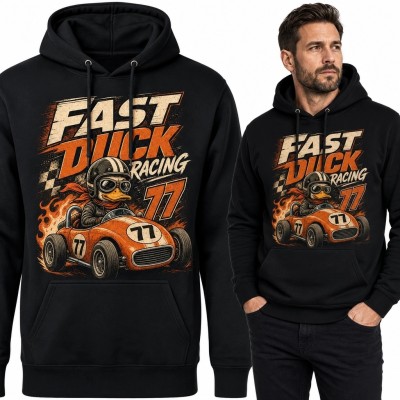 Bluza męska z kapturem „Fast Duck Racing 77” z kaczym kierowcą - retro wyścigi