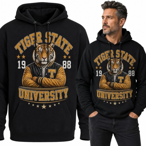 Bluza męska z kapturem z tygrysem „Tiger State University” - styl varsity retro