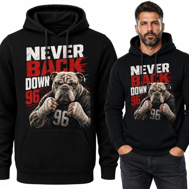 Bluza męska z kapturem z buldogiem w pozie boksera „Never Back Down” - boks