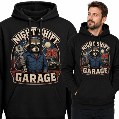 Bluza męska z kapturem „Night Shift Garage” ze szopem-mechanikiem - retro