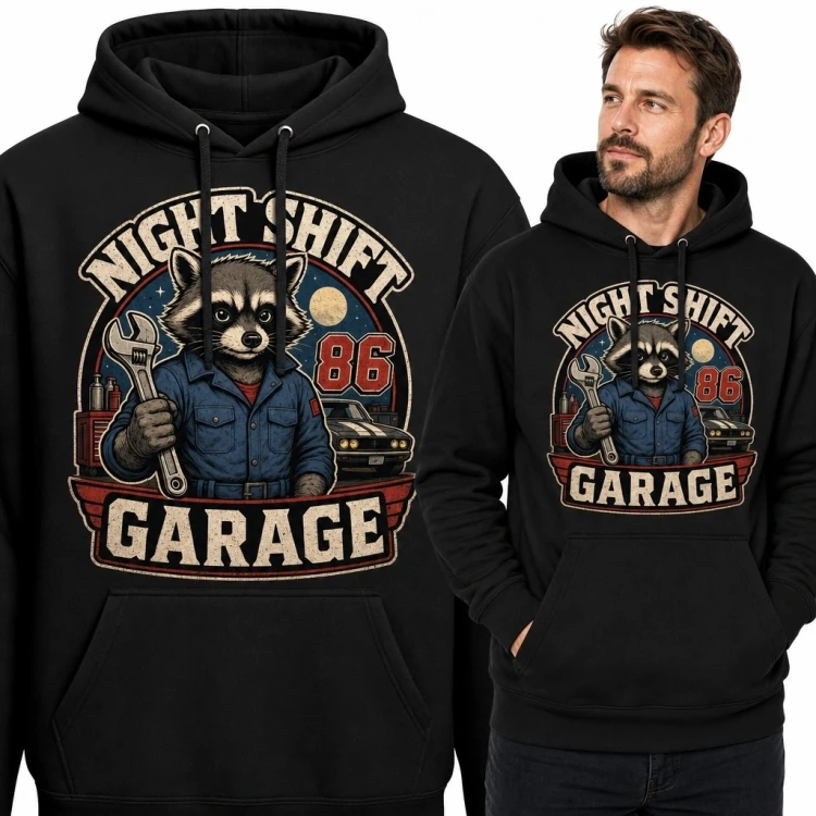 Bluza męska z kapturem „Night Shift Garage” ze szopem-mechanikiem - retro