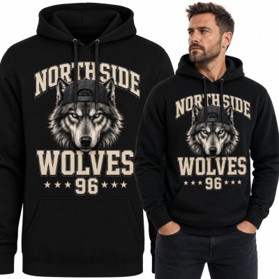 Bluza męska z kapturem z wilkiem „Northside Wolves” - sportowy styl retro