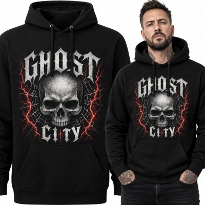 Bluza męska z kapturem z czaszką i napisem „Ghost City” - gotycki wzór