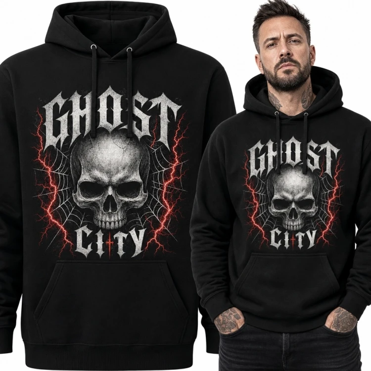 Bluza męska z kapturem z czaszką i napisem „Ghost City” - gotycki wzór