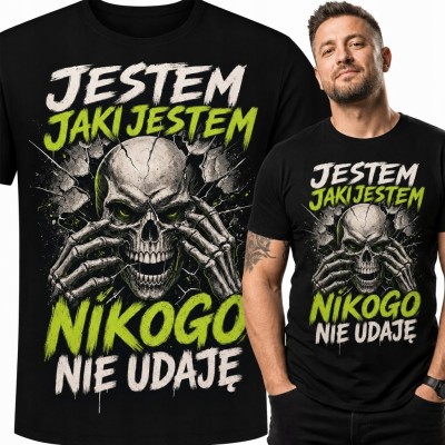 Koszulka męska z czaszką „Jestem jaki jestem nikogo nie udaję” - mroczny wzór grunge