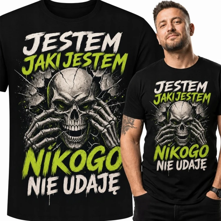 Koszulka męska z czaszką „Jestem jaki jestem nikogo nie udaję” - mroczny wzór grunge