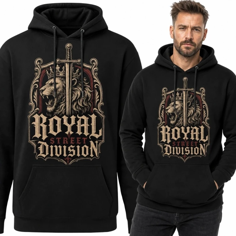 Bluza męska z kapturem z heraldycznym lwem i mieczem „Royal Division” - gotycki streetwear
