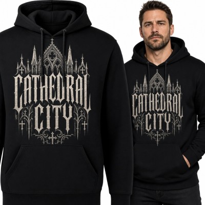 Bluza męska z kapturem z gotyckim nadrukiem „Cathedral City” - mroczny streetwear