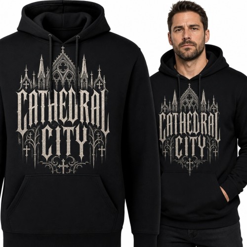 Bluza męska z kapturem z gotyckim nadrukiem „Cathedral City” - mroczny streetwear