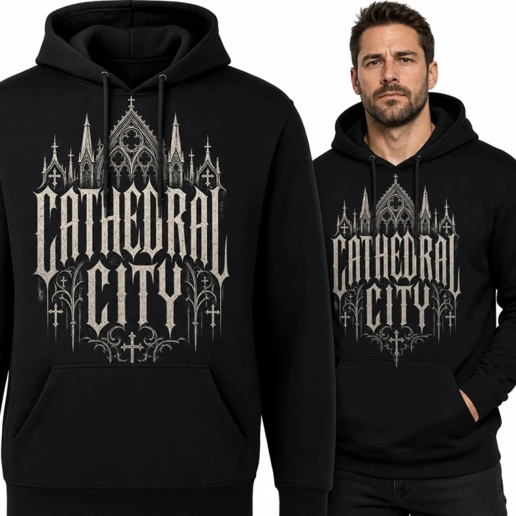 Bluza męska z kapturem z gotyckim nadrukiem „Cathedral City” - mroczny streetwear