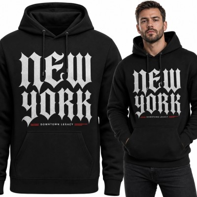 Bluza męska z kapturem z gotyckim napisem „New York” - miejski streetwear