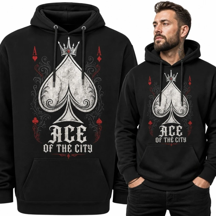 Bluza męska z kapturem z koronowanym asem pik „Ace of the City” - gotycki streetwear