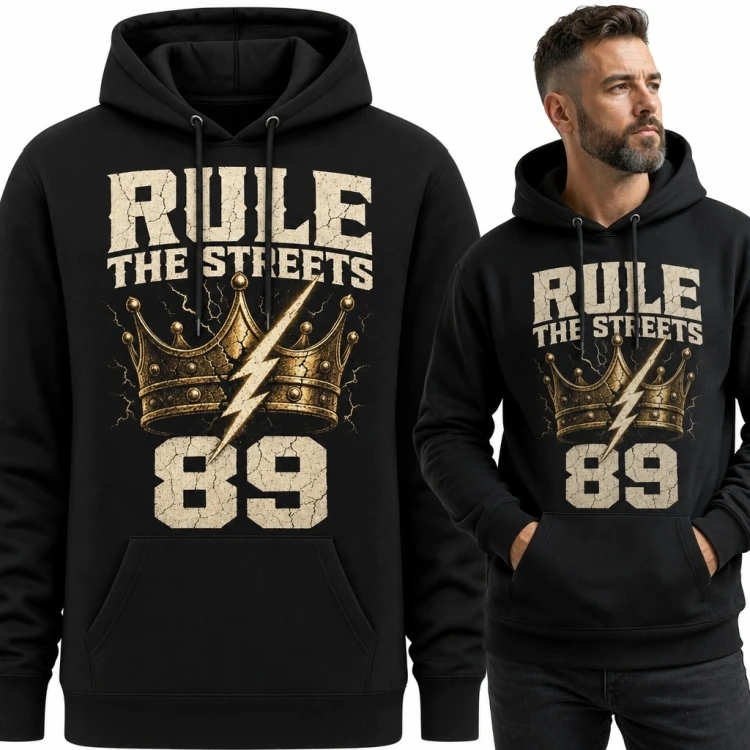 Bluza męska z kapturem „Rule the Streets” - korona, błyskawica i numer 89