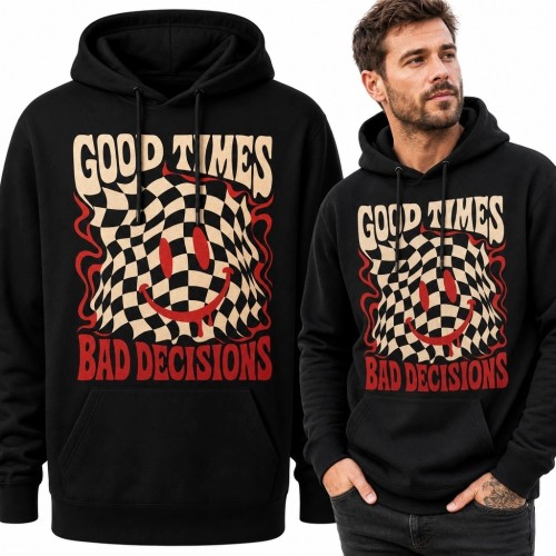 Bluza męska z kapturem ze smileyem „Good Times / Bad Decisions” - psychodeliczny streetwear