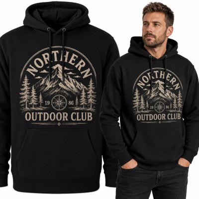 Bluza męska z kapturem z górami „Northern Outdoor Club” - outdoor retro