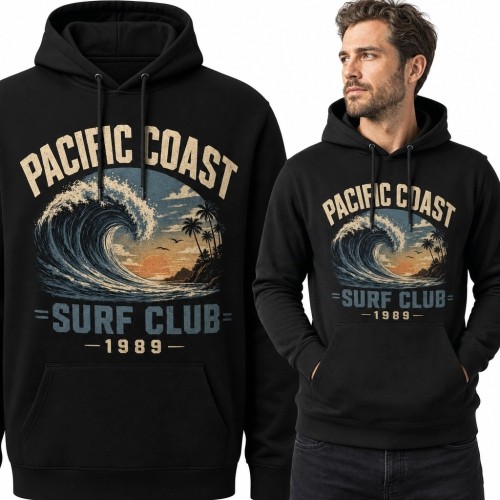 Bluza męska z kapturem „Pacific Coast Surf Club” - fala, palmy i zachód słońca