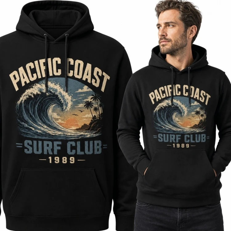 Bluza męska z kapturem „Pacific Coast Surf Club” - fala, palmy i zachód słońca