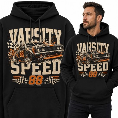 Bluza męska z kapturem z klasycznym autem wyścigowym „Varsity Speed 88” - retro motorsport
