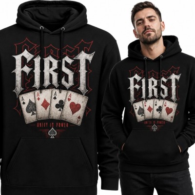 Bluza męska z kapturem z czterema asami i napisem „FIRST” - gotycki motyw pokerowy