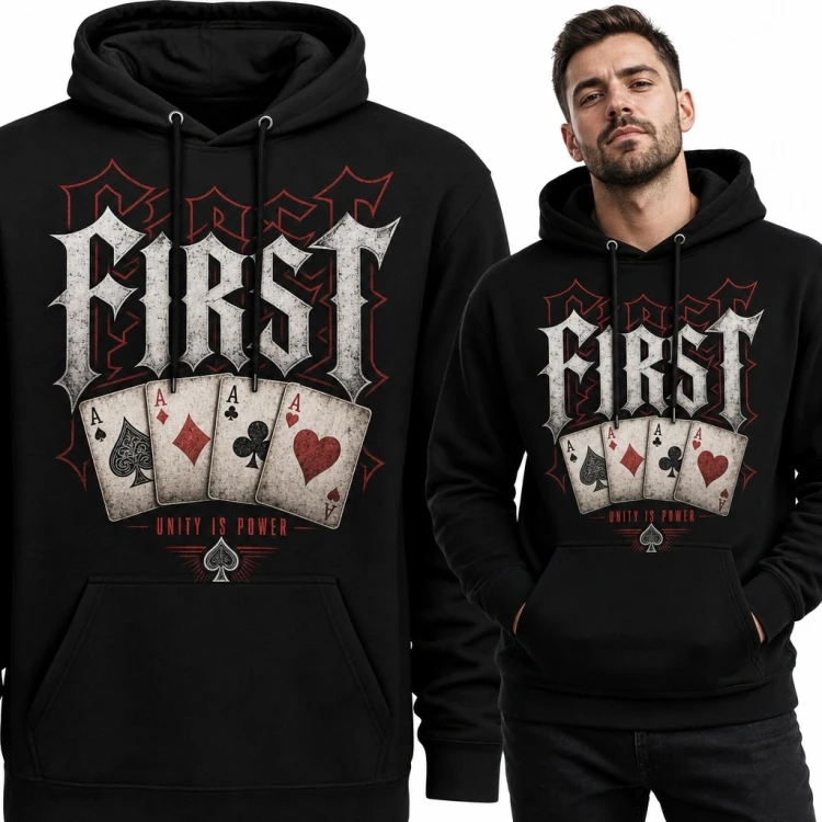 Bluza męska z kapturem z czterema asami i napisem „FIRST” - gotycki motyw pokerowy