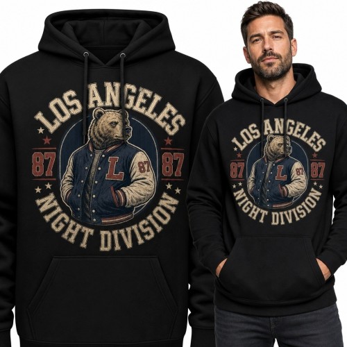 Bluza męska z kapturem z niedźwiedziem varsity i napisami „Los Angeles” i „Night Division”