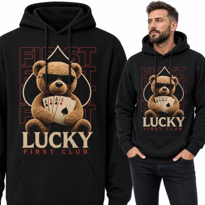 Bluza męska z kapturem z misiem, czterema asami i napisem „Lucky First Club” - karciany streetwear