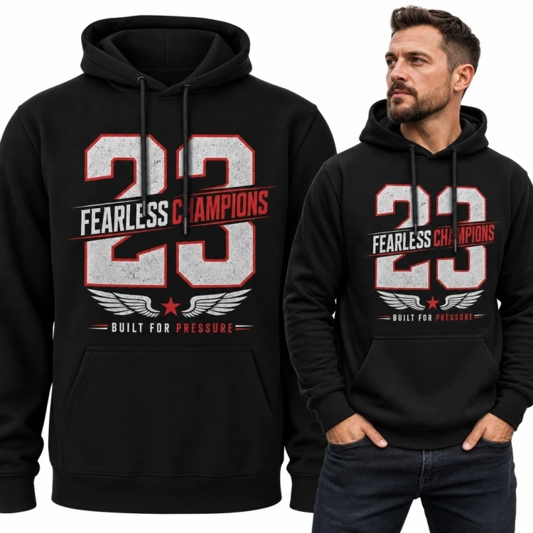 Bluza męska z kapturem z numerem „23” i napisem „Fearless Champions” - sportowy styl varsity
