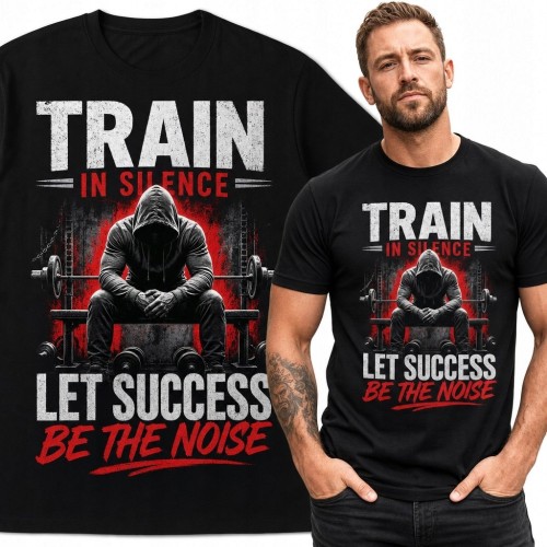 Koszulka męska na siłownię „Train in silence let success be the noise” - zakapturzona postać