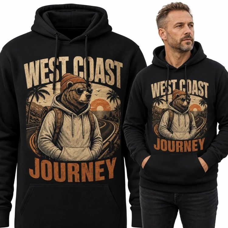 Bluza męska z kapturem z niedźwiedziem podróżnikiem „West Coast Journey”