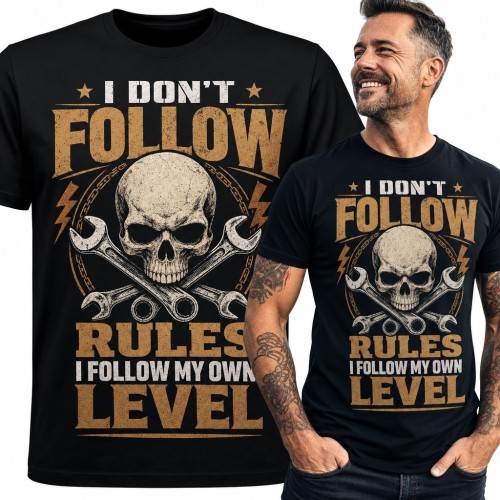 Koszulka męska z czaszką i kluczami „I Don't Follow Rules I Follow My Own Level” - mechaniczny wzór