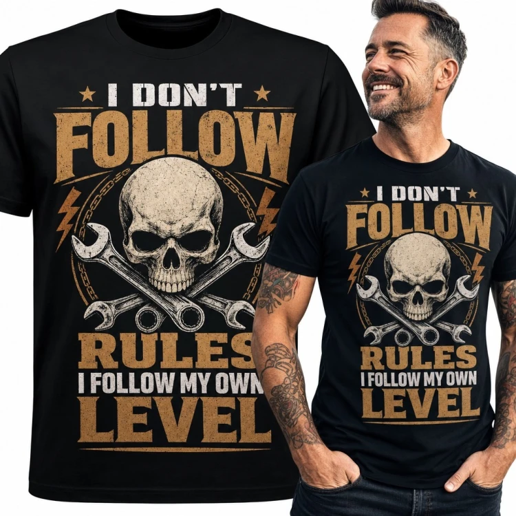 Koszulka męska z czaszką i kluczami „I Don't Follow Rules I Follow My Own Level” - mechaniczny wzór