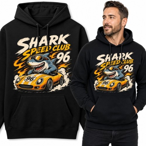 Bluza męska z kapturem z rekinem kierowcą „Shark Speed Club 96” - wyścigowy motyw retro