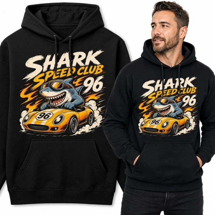 Bluza męska z kapturem z rekinem kierowcą „Shark Speed Club 96” - wyścigowy motyw retro