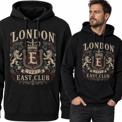 Bluza męska z kapturem z herbem „London” i napisem „East Club” - brytyjski styl retro