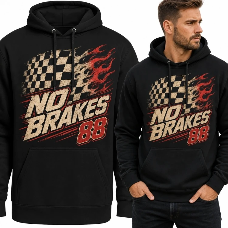 Bluza męska z kapturem „No Brakes” z numerem 88 - wyścigowa flaga i płonąca czaszka