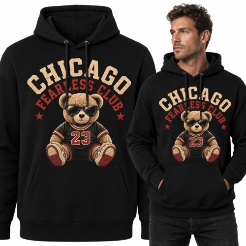 Bluza męska z kapturem z misiem i napisem „Chicago” - sportowy styl retro