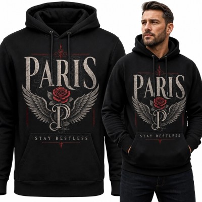 Bluza męska z kapturem „Paris” z różą i skrzydłami - rockowo-gotycki wzór