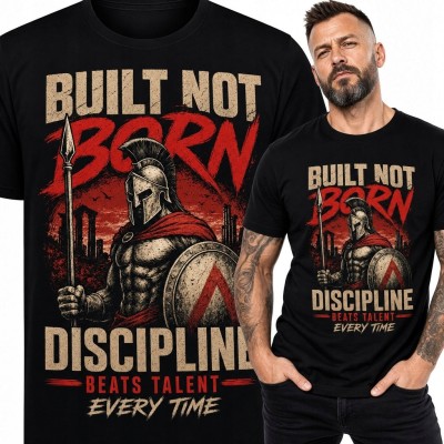 Koszulka męska ze spartańskim wojownikiem „Built not born - discipline beats talent every time”