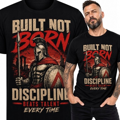 Koszulka męska ze spartańskim wojownikiem „Built not born - discipline beats talent every time”