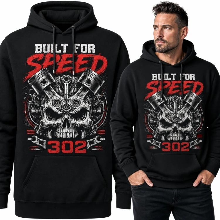 Bluza męska z kapturem z motoryzacyjną czaszką „Built for Speed” - wzór 302