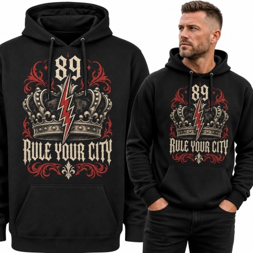 Bluza męska z kapturem z koroną i napisem „Rule Your City” - miejski wzór 89