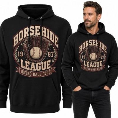 Bluza męska z kapturem z emblematem baseballowym „Horsehide League” - retro