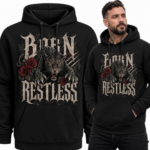 Bluza męska z kapturem z lampartem i różami „Born Restless”