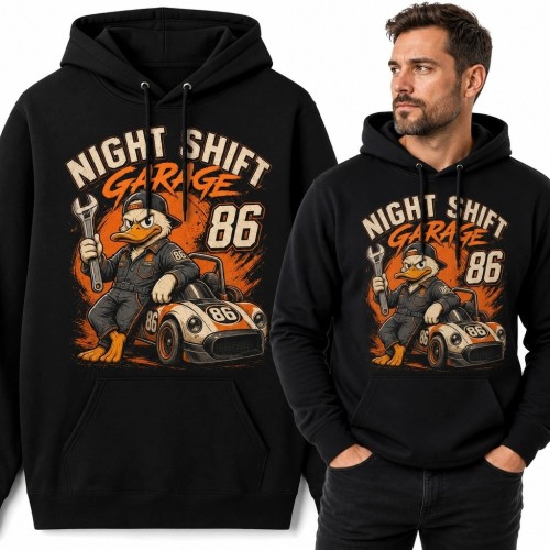 Bluza męska z kapturem „Night Shift Garage” - kaczor mechanik i sportowe auto z numerem 86