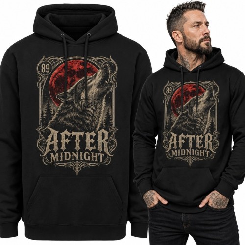 Bluza męska z kapturem „After Midnight” - wilk i czerwony księżyc