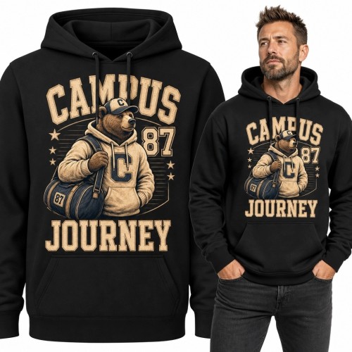 Bluza męska z kapturem „Camus Journey” - niedźwiedź podróżnik w stylu retro college