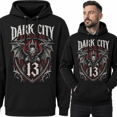 Bluza męska z kapturem „Dark City” - gotycki demon i liczba 13