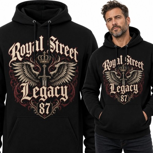 Bluza męska z kapturem z heraldycznym nadrukiem „Royal Street Legacy 87” - korona, miecz i skrzydła